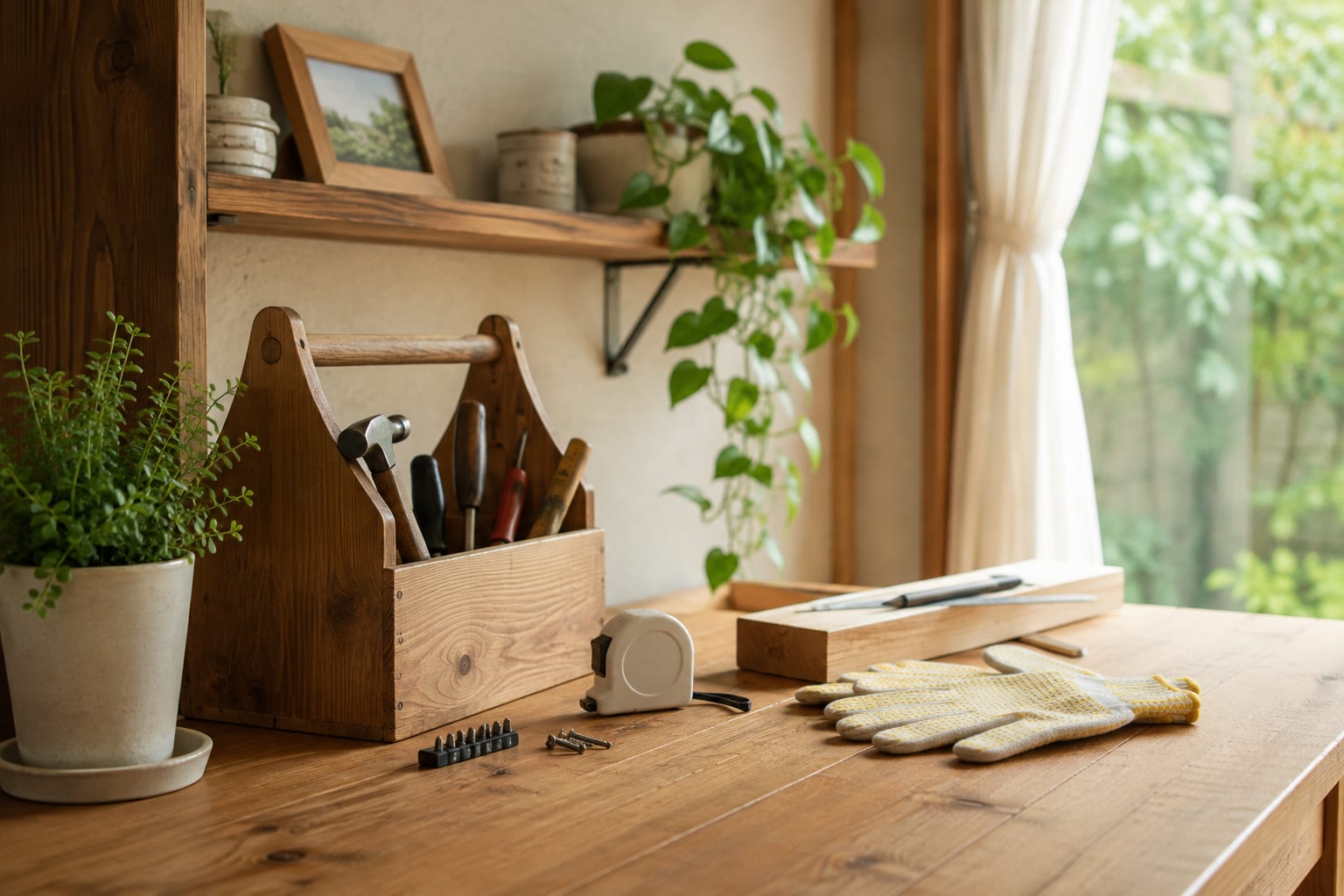 木のテーブルに置かれた工具箱と観葉植物。窓辺の自然光が差し込む部屋